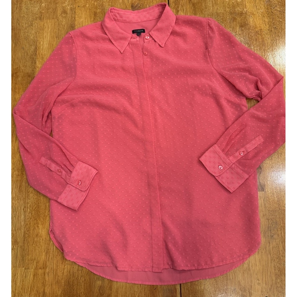 Talbots Coral Textured Dot Button Up Blouse with Hidden Placket Large